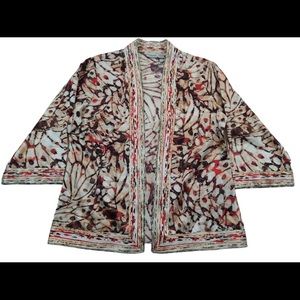 Chicos Silk Blend Open 3/4 Sleeve Kimono Jacket Top Coral Brown Tie Dye Size 3